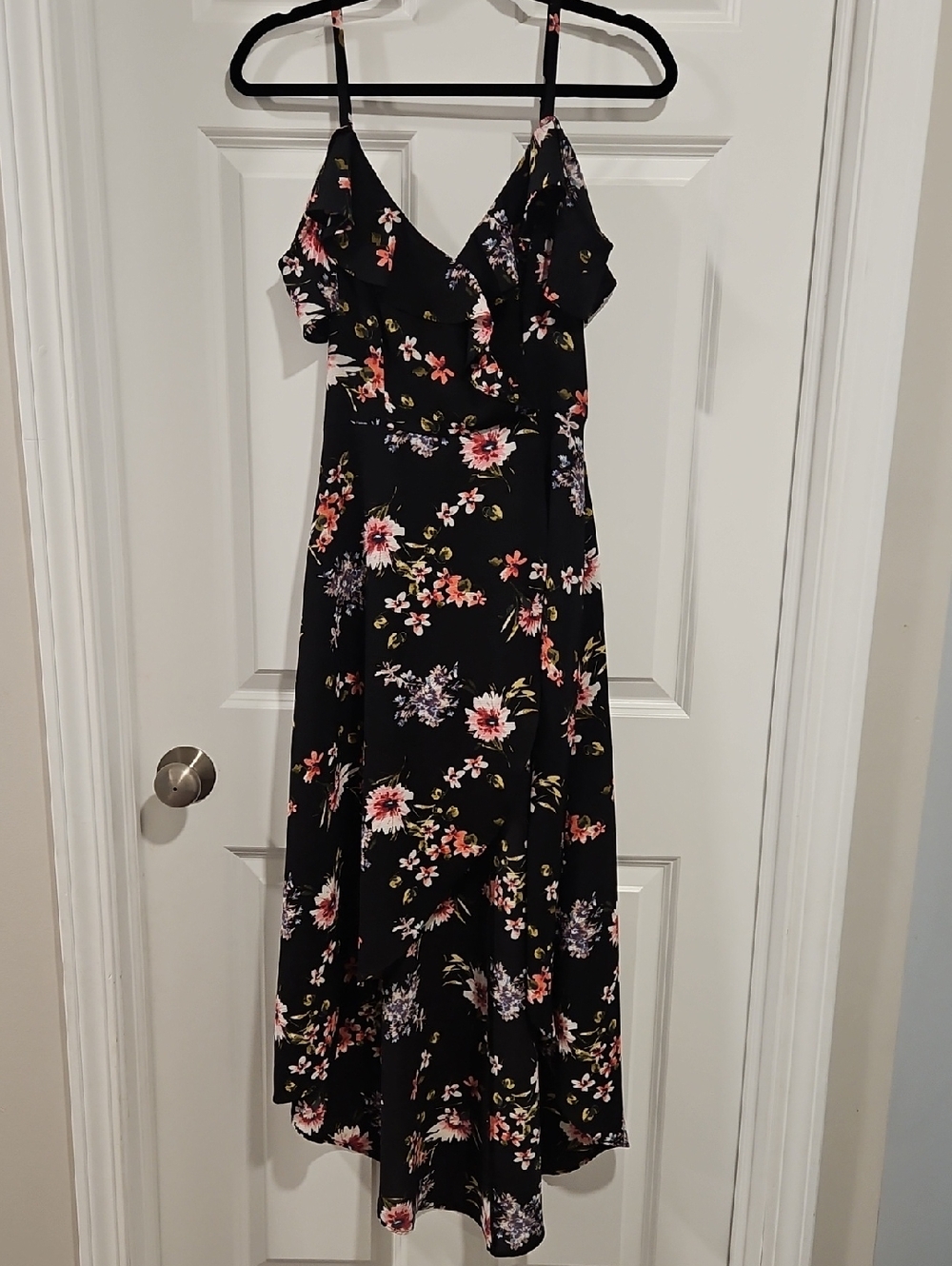 Floral Black Midi Dress with Ruffle Straps